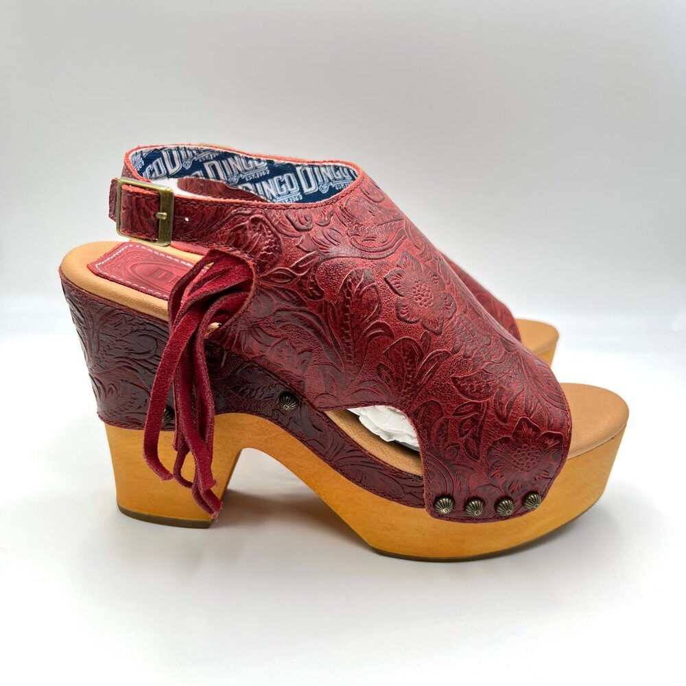New Dingo Size 9 Tooled Red Leather Western Wedges Platform Clogs Sandals Shoes‎